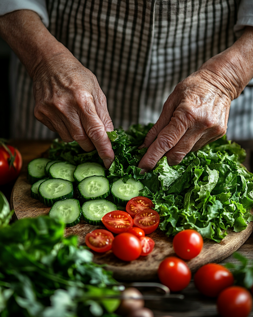 Възрастни хора готвят здравословна храна заедно в кухнята